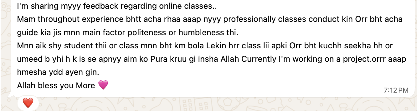 Student sharing feedback about online classes with Rida