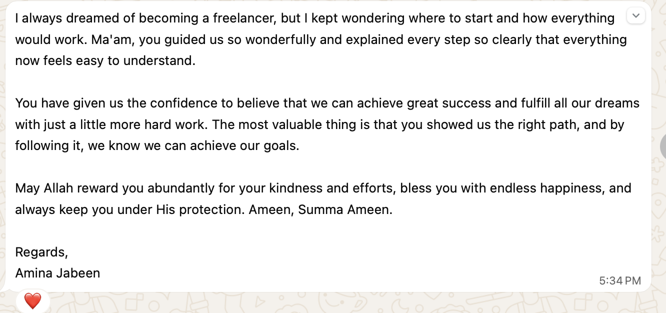 Student Amina Jabeen's feedback about freelancing guidance