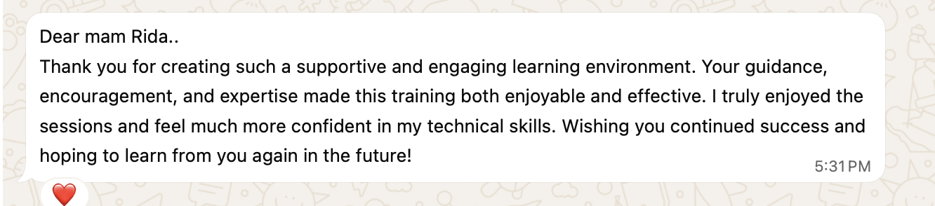 Student feedback on Rida's supportive learning environment