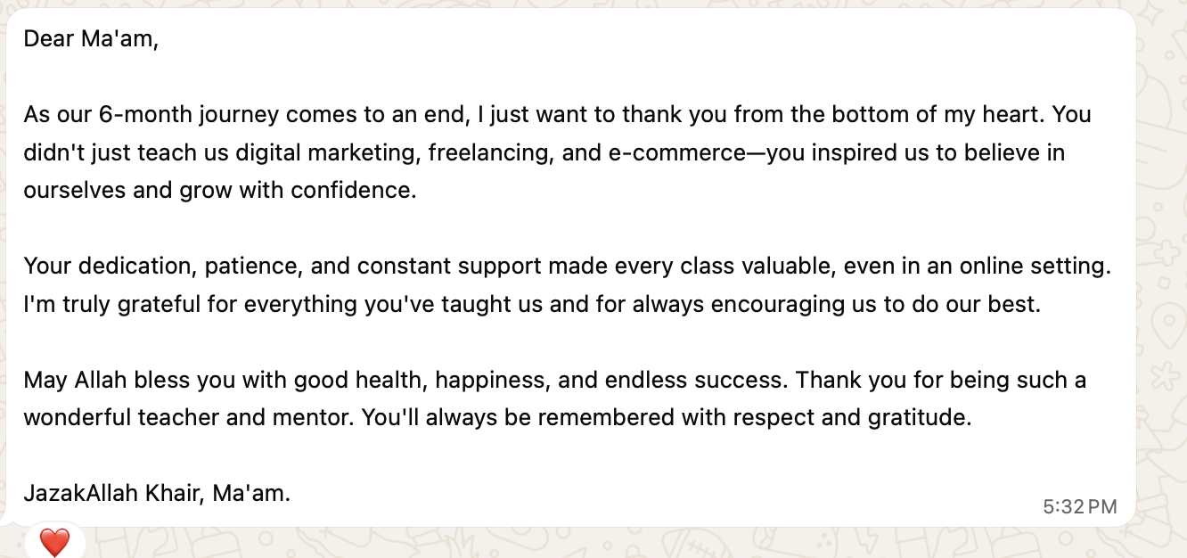 Student thank-you message after a training with Rida