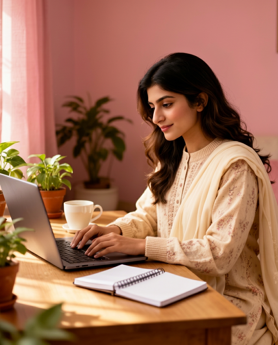 Pakistani woman learning AI and digital skills from home
